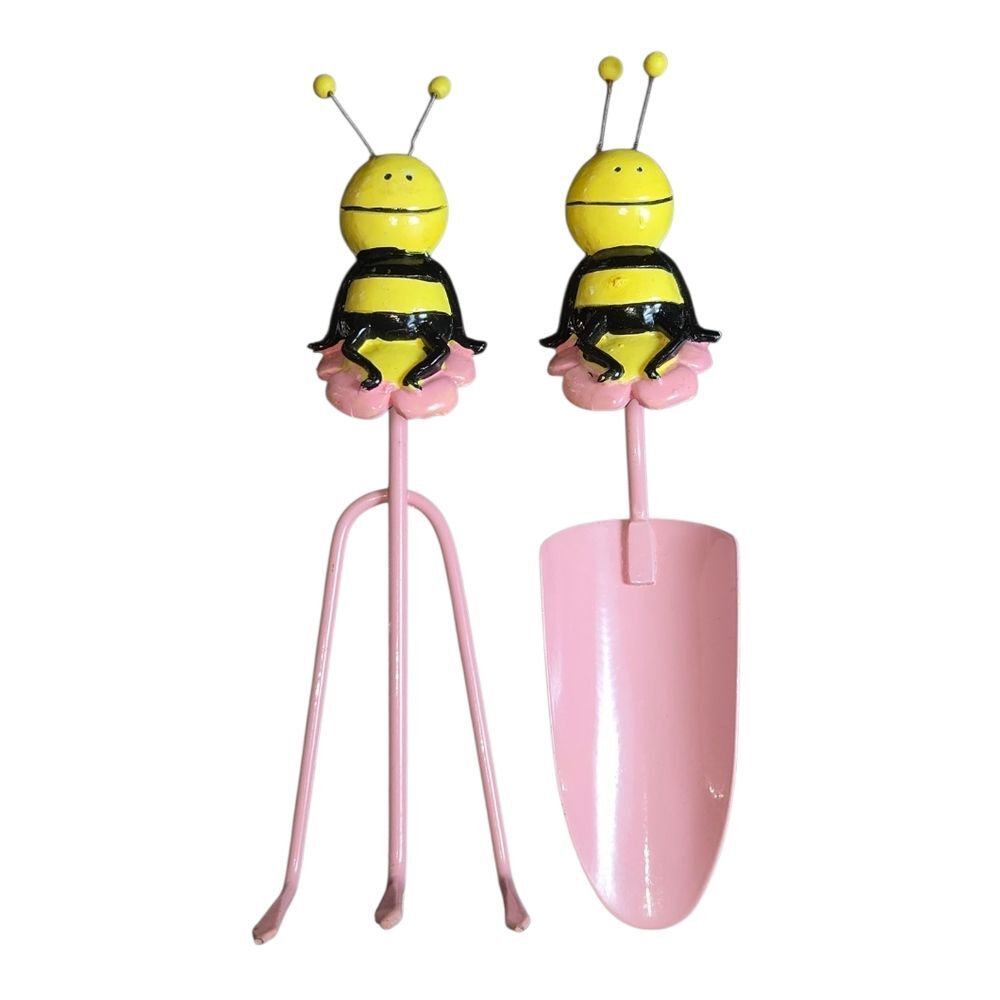 Unbranded Children's Bumblebee Topped Pink Miniature Garden Rake Trowel Set 8.5"